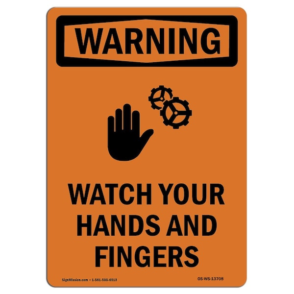 OSHA WARNING Sign, Watch Your Hands & Fingers, 5in X 3.5in Decal, 10PK, 3.5" W, 5" L, Portrait, PK10
